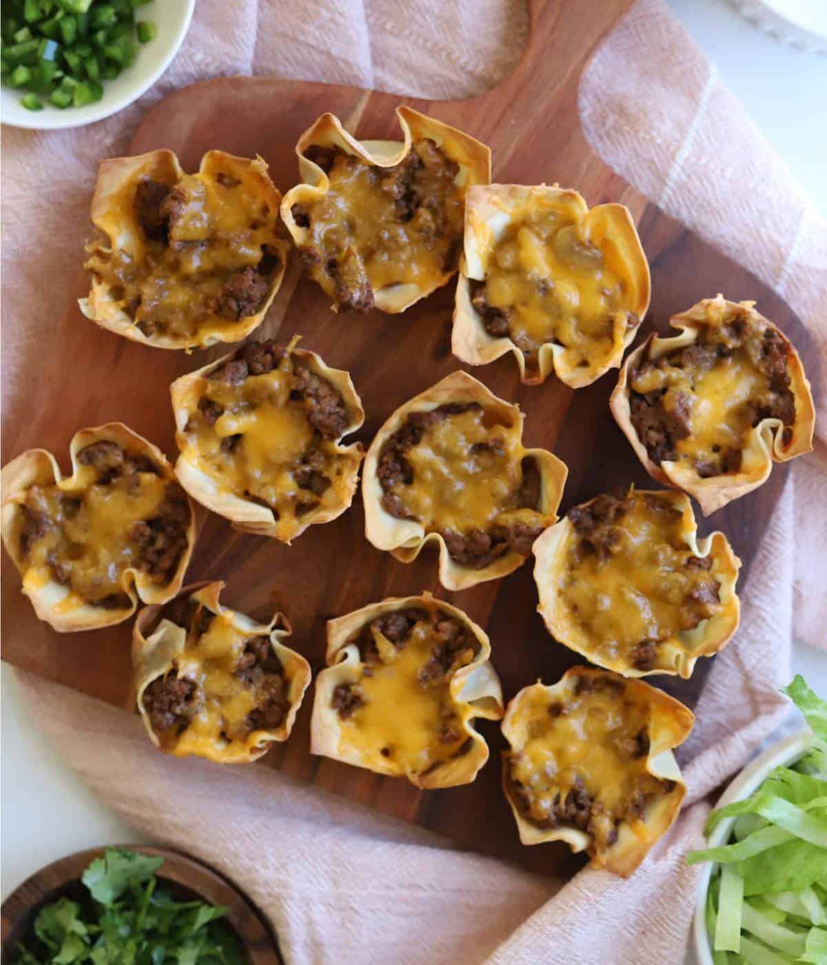 Taco cups with wonton wrappers. 