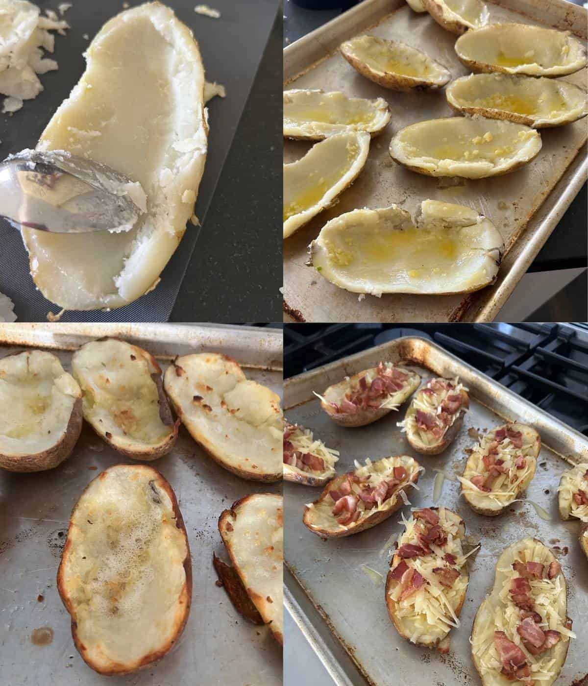 Assembling potato skins for oven.