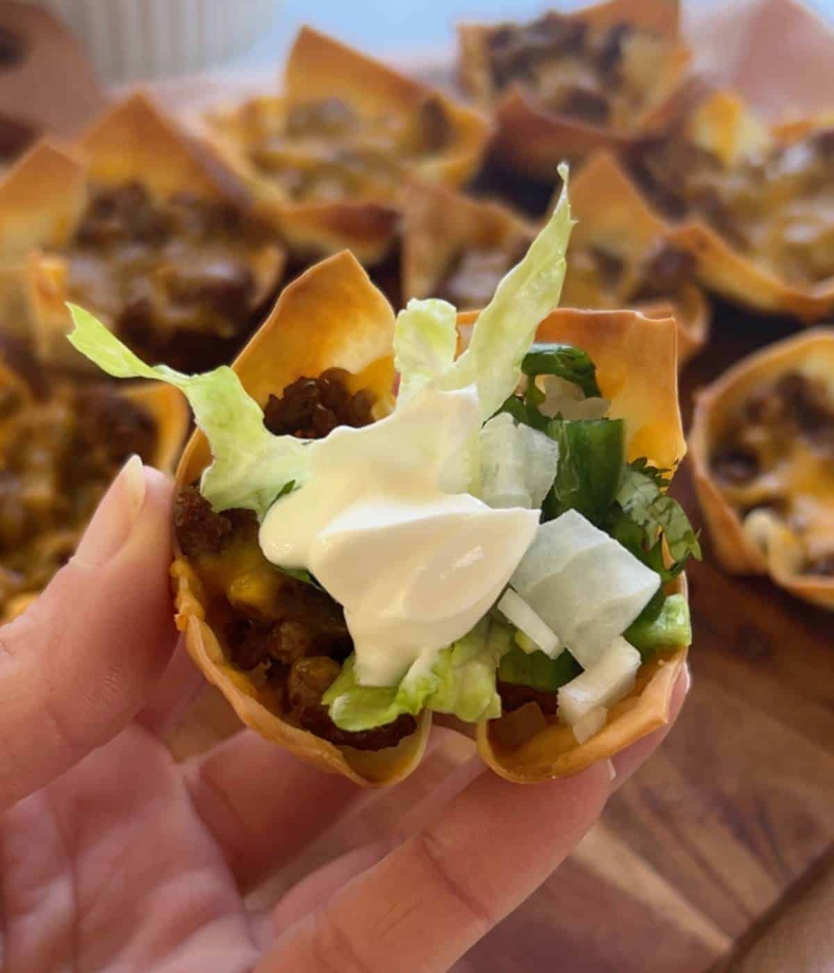 Hand holding wonton cup with toppings.