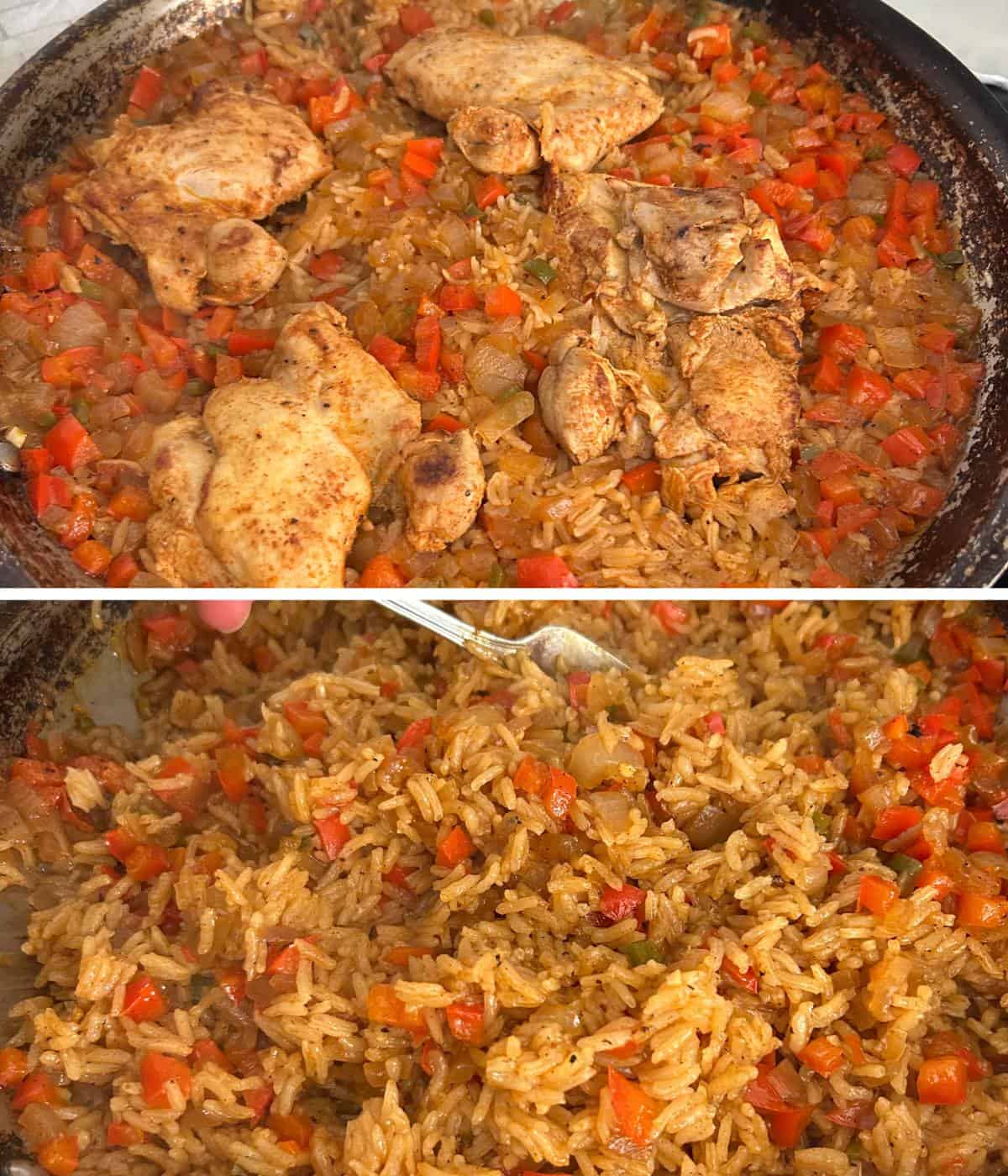 Chicken thighs and rice in skillet.