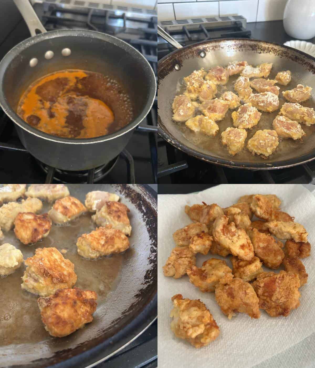 Sauce on stovetop and steps to cooking chicken.