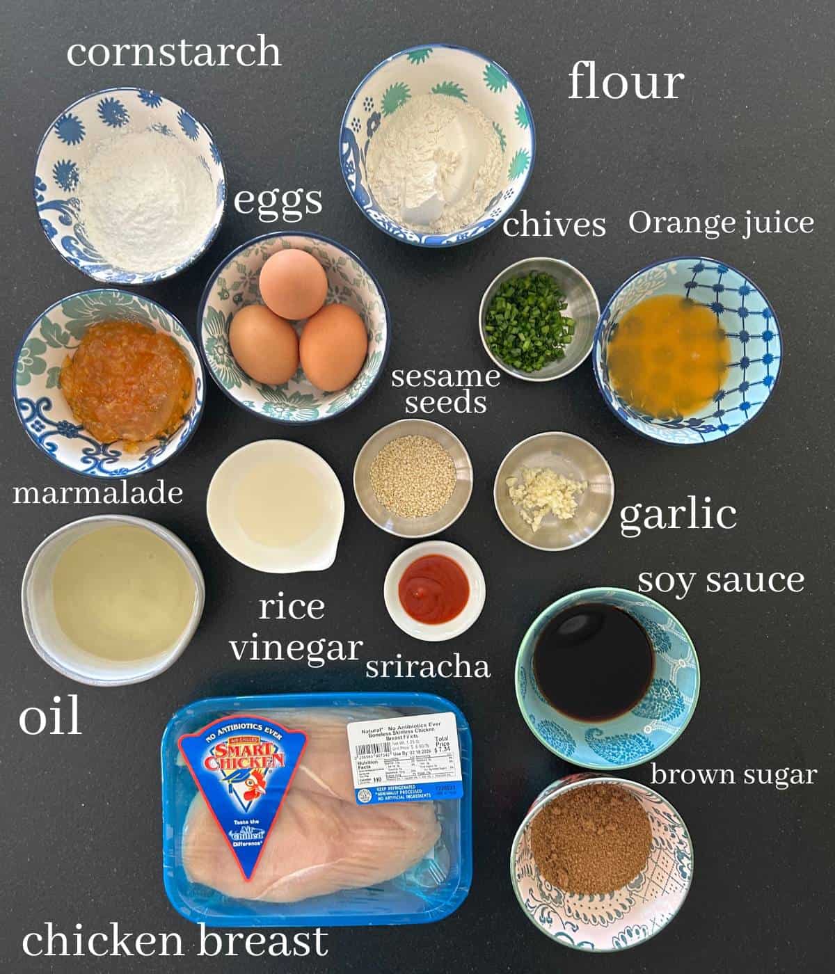 Ingredients for orange chicken.
