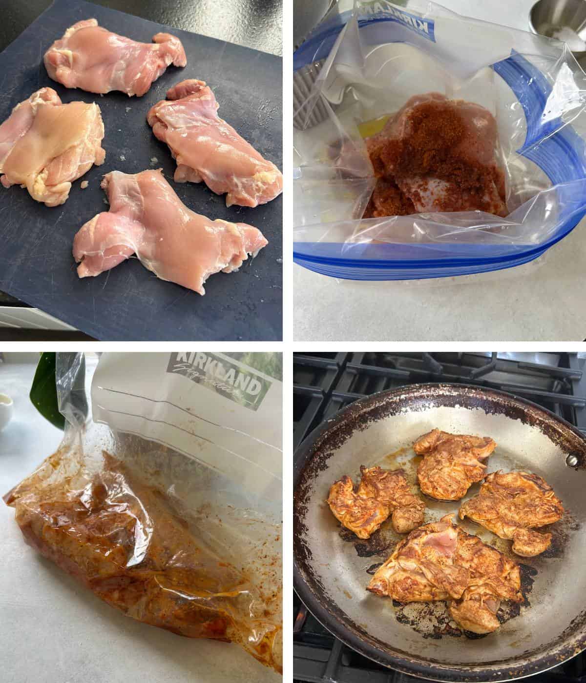 Marinating and sautéing chicken thighs.