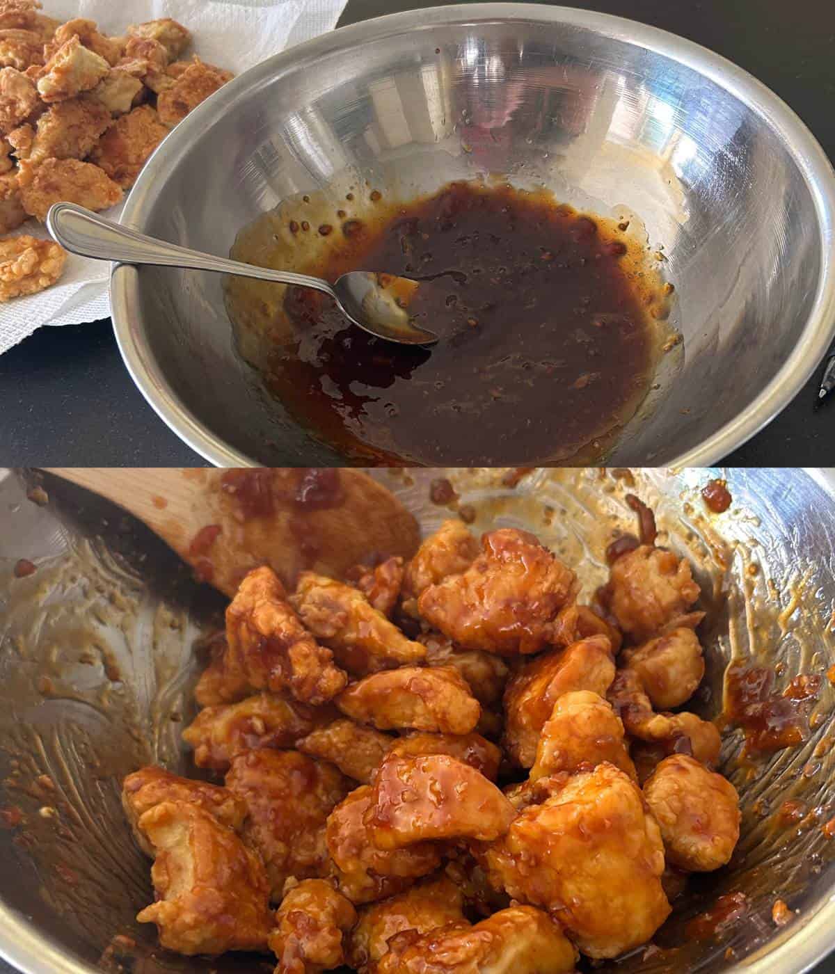 Sauce in bowl and chicken tossed in sauce.