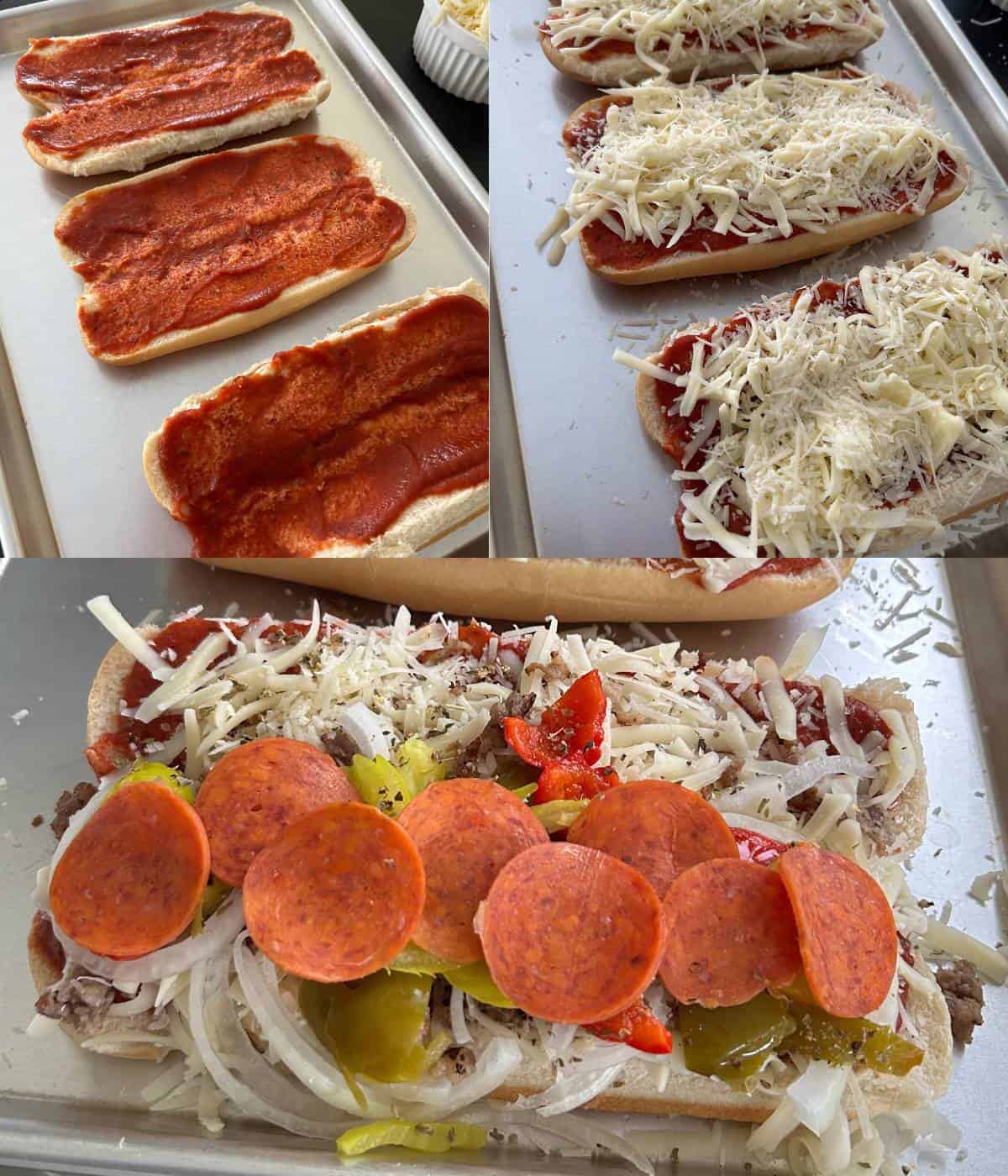 Assembly of pizza subs.