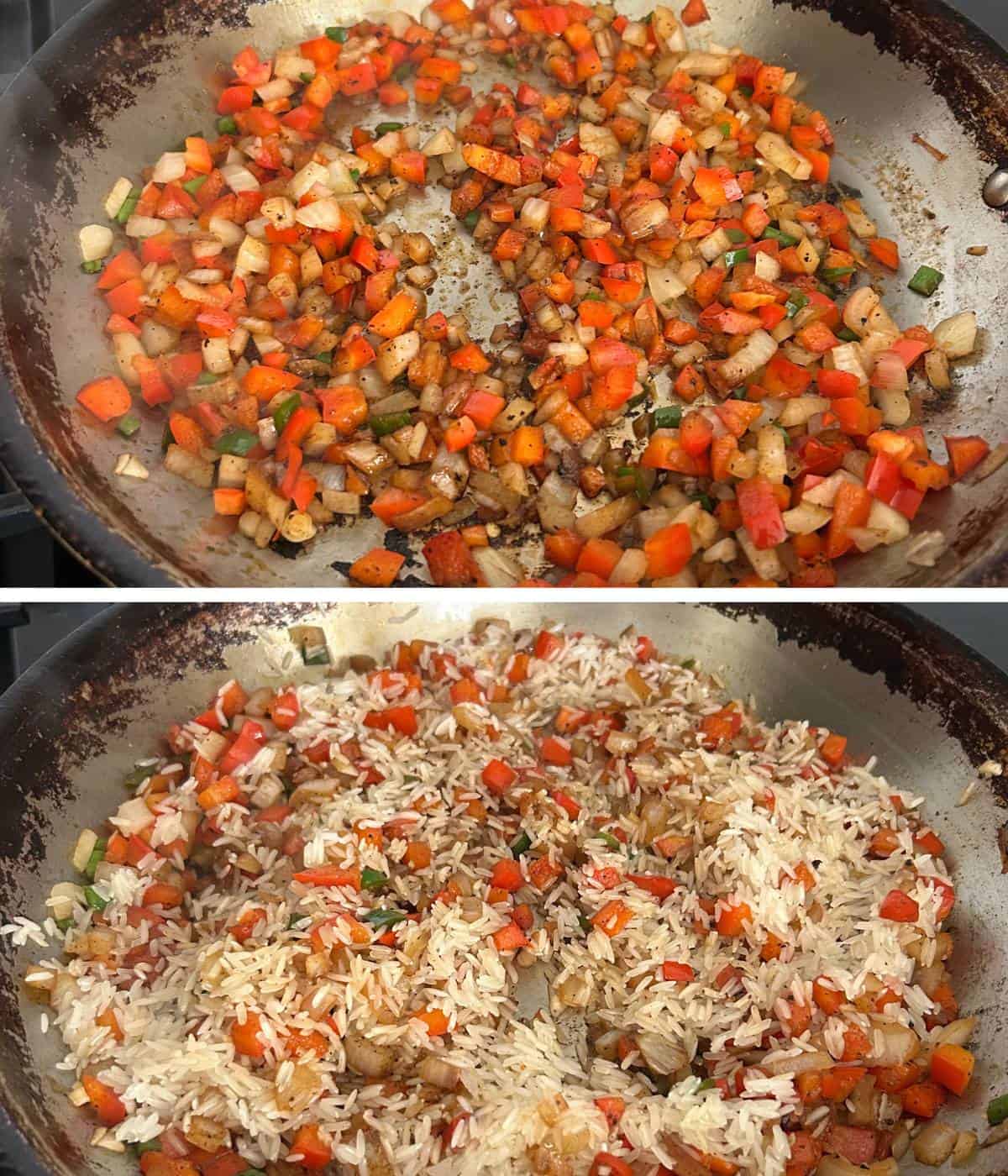 Rice and veggies in skillet.