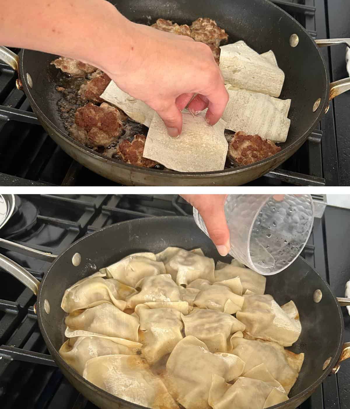 Placing wontons over filling.