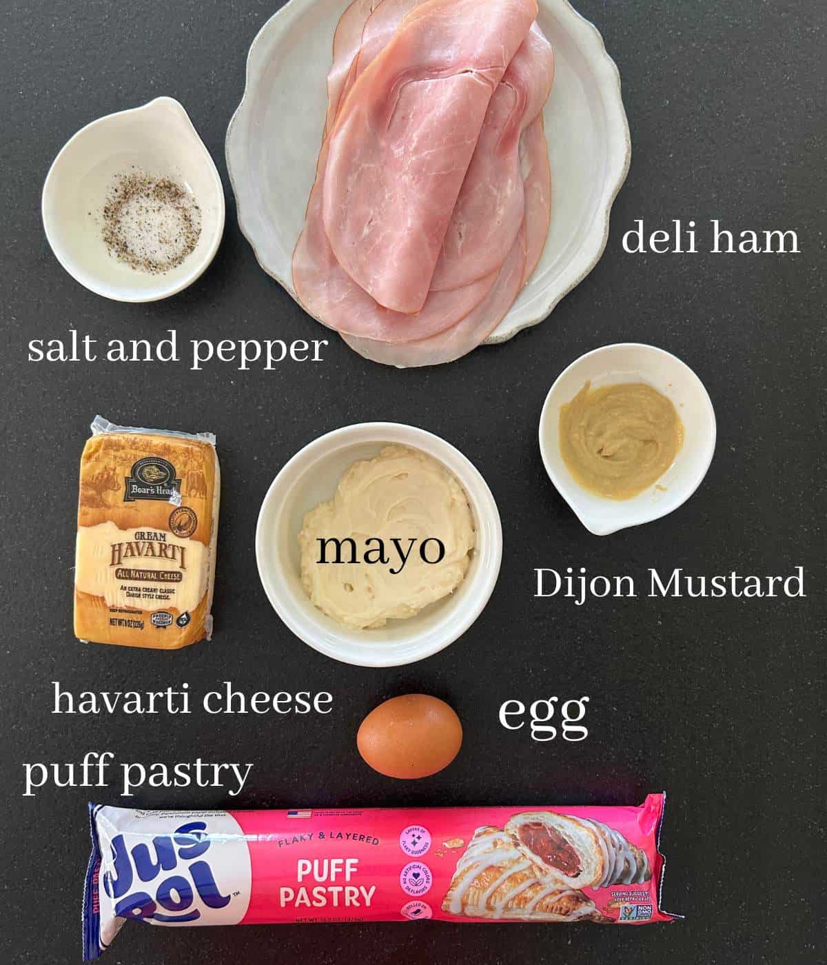 Ingredients for ham and cheese puff pastries.