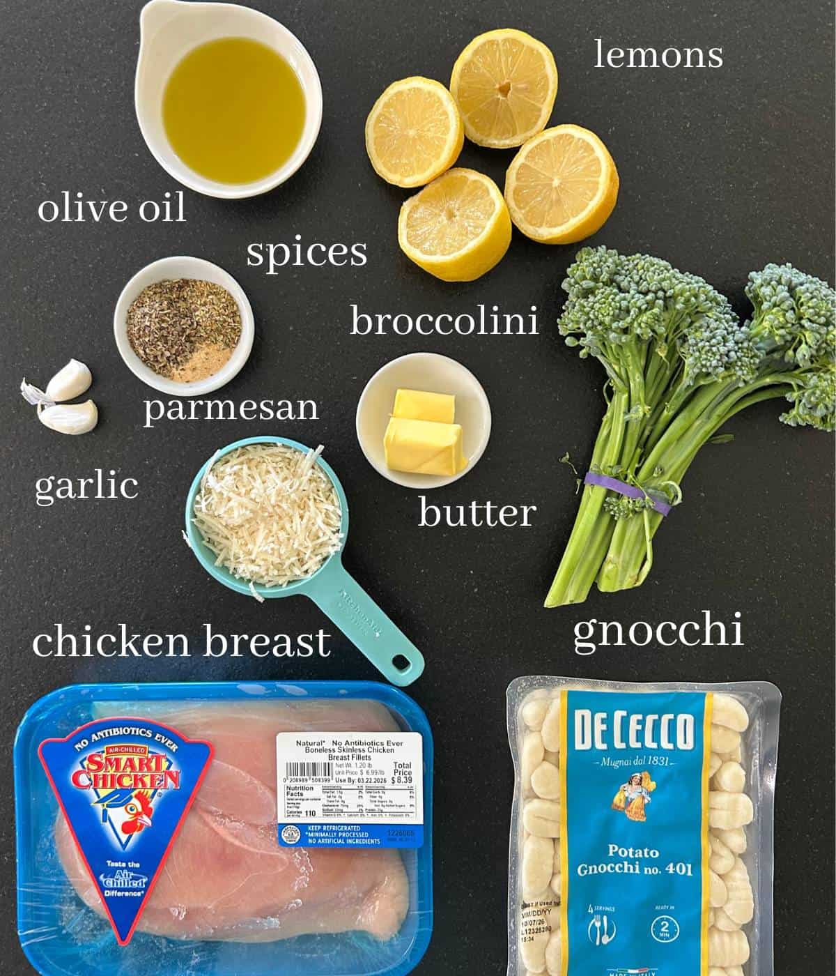 Ingredients for chicken and gnocchi bake.