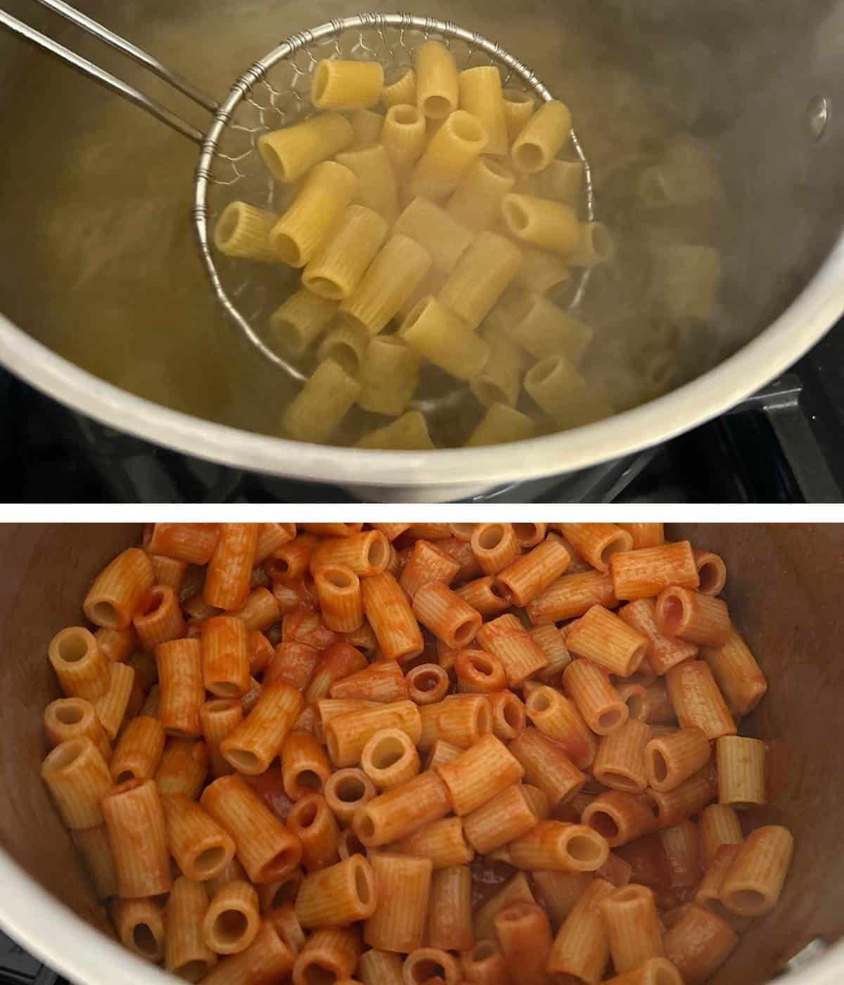 Boiling pasta and tossing with marinara sauce.