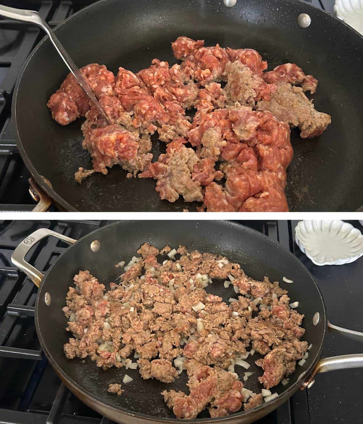 Cooking sausage in skillet.