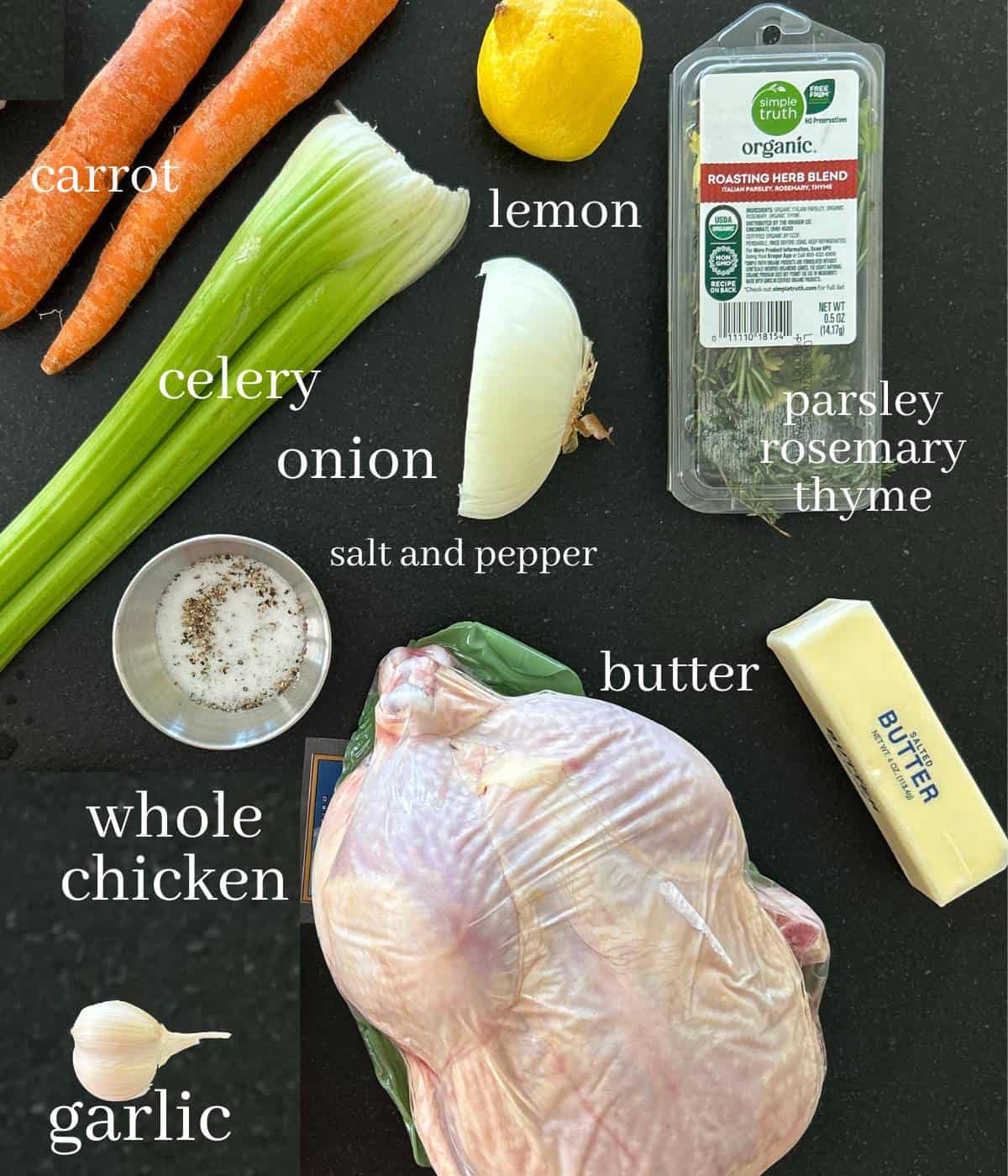 Ingredients to roast a whole chicken.