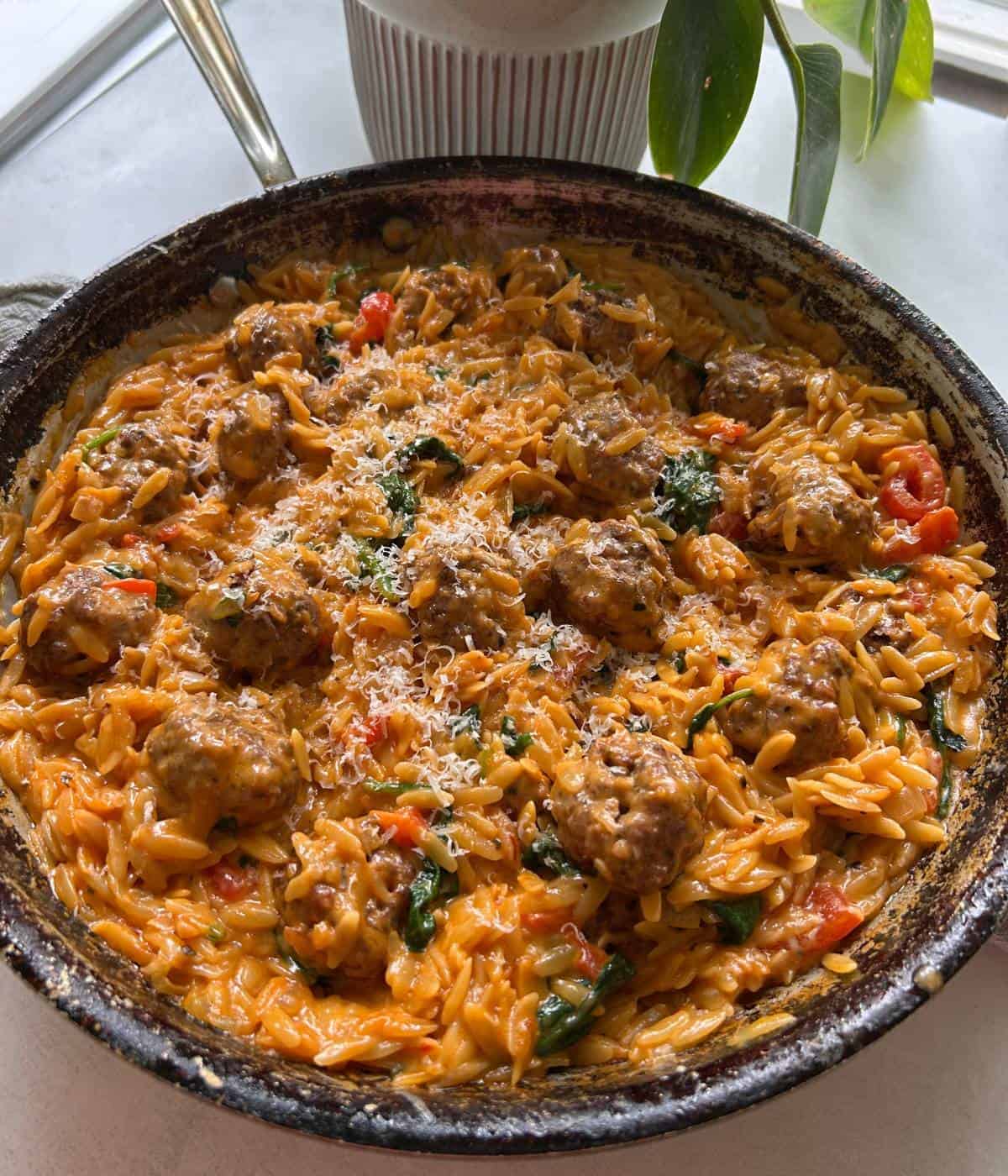 Meatballs in cheesy sauce with orzo pasta.