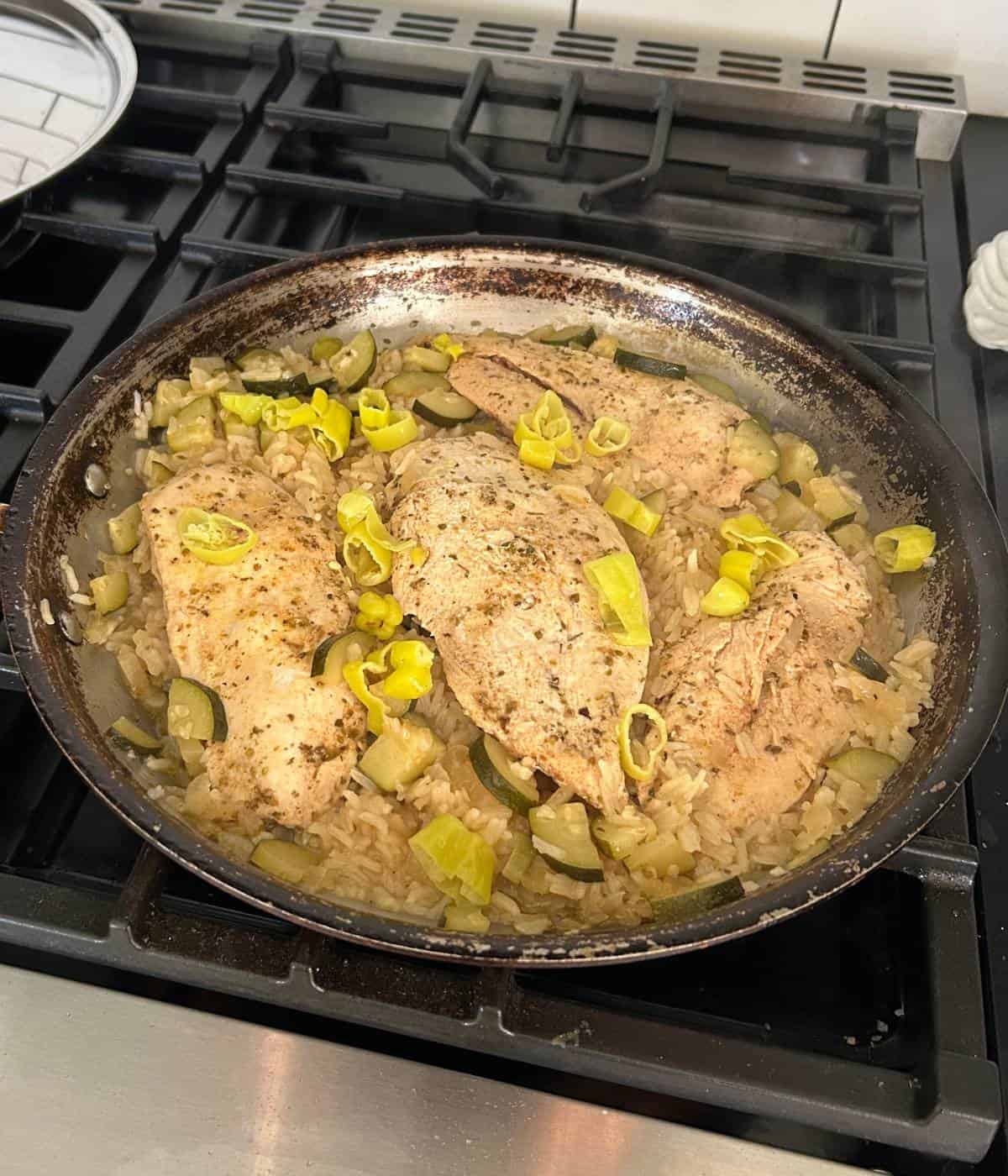 Chicken breast and rice in one pot.