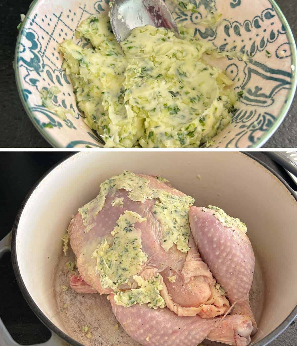 Garlic butter spread on chicken.