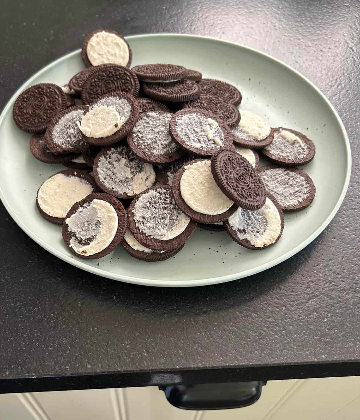 Oreos split in half.