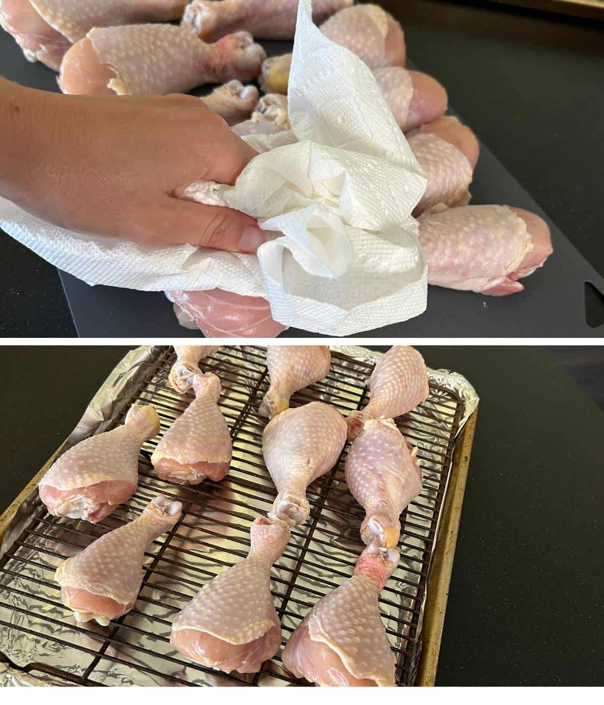 Drying chicken drumsticks.