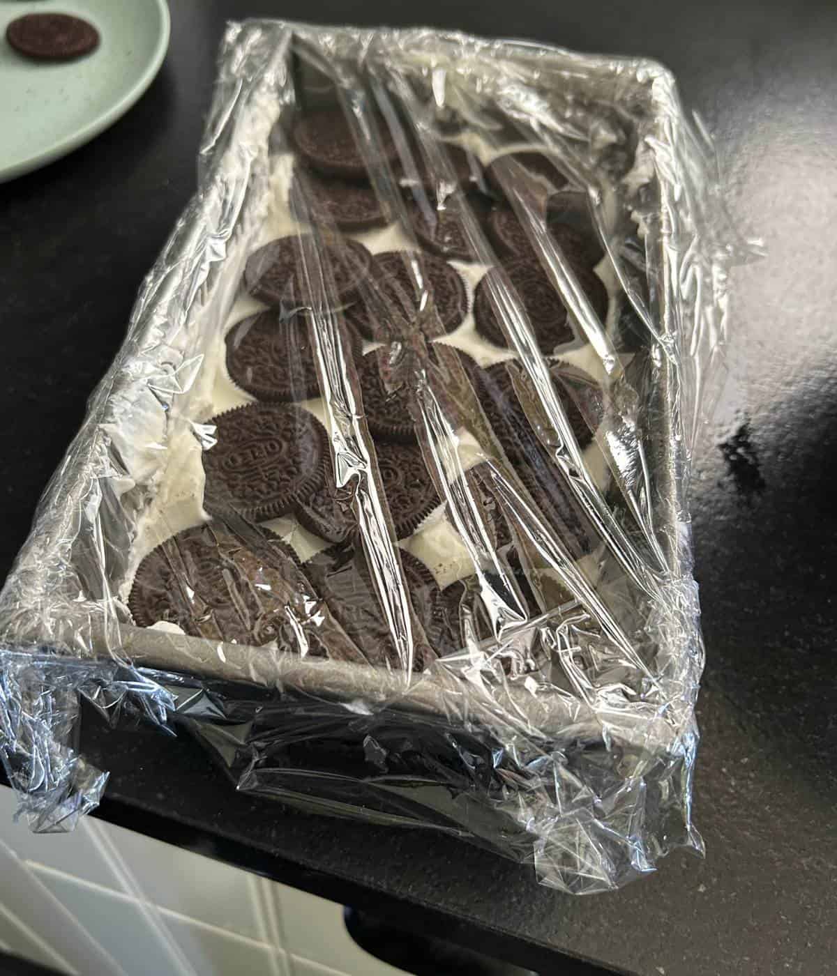 Oreo icebox cake ready for fridge.