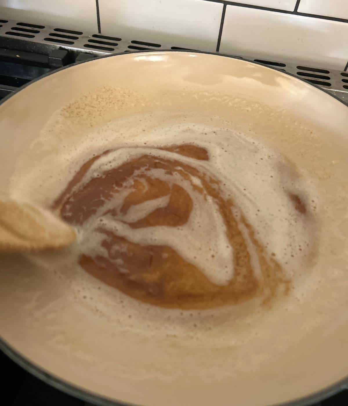 Browned butter in pan.