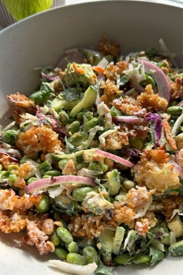 Crispy rice salad in bowl.