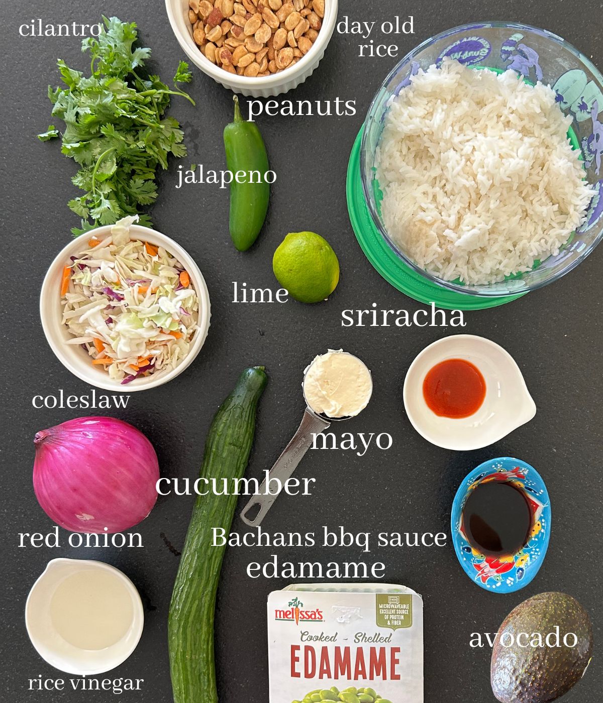 Rice salad ingredients.