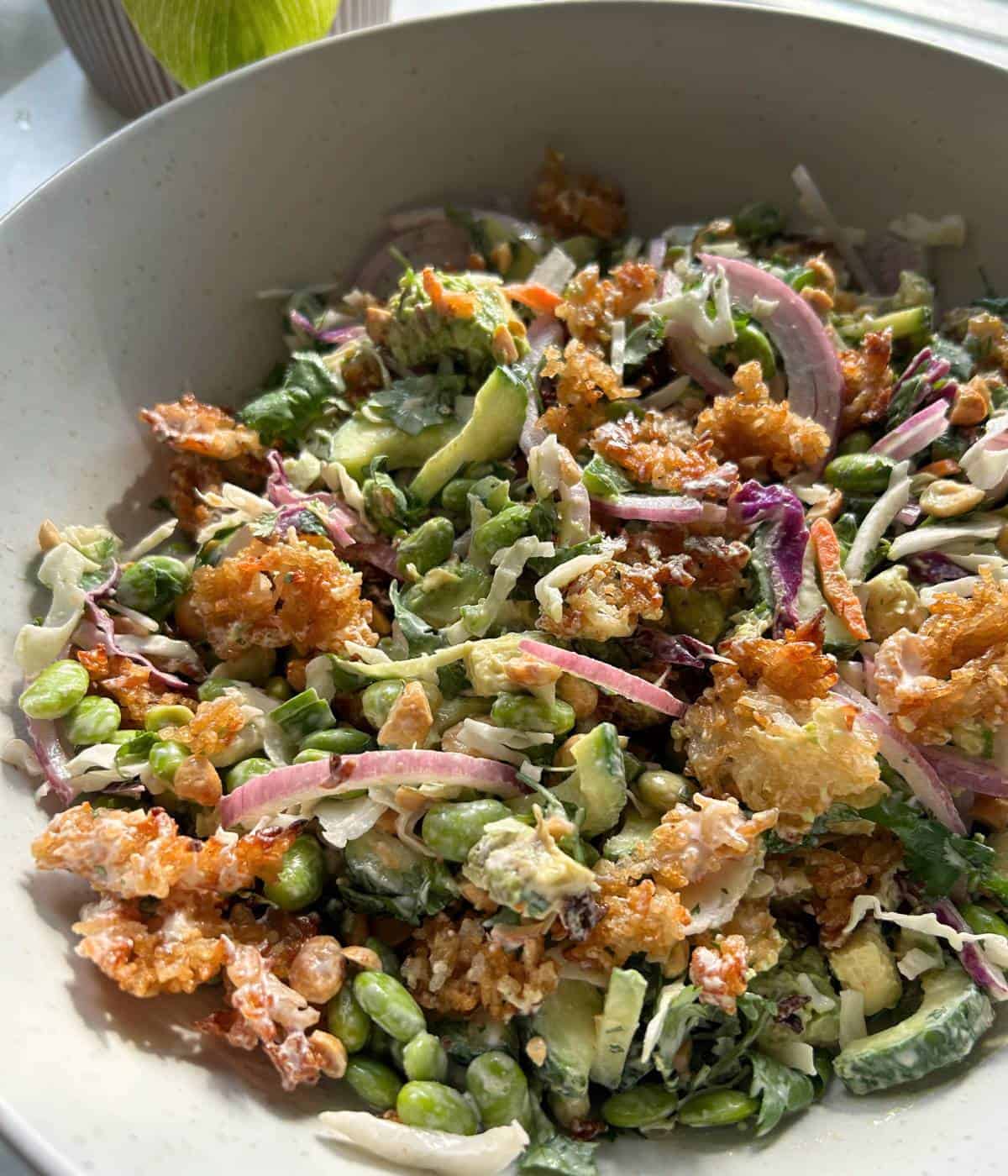 Crispy rice salad in bowl.