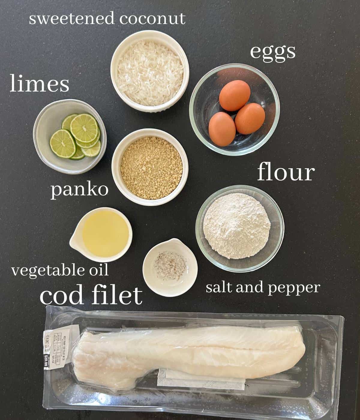 Ingredients for coconut Panko cod.