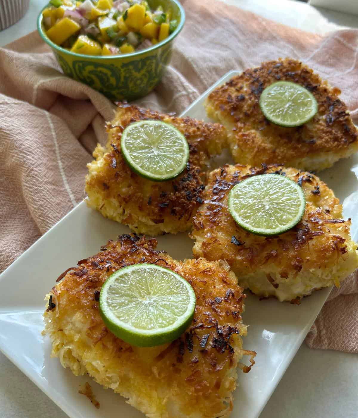 Coconut Panko fish on platter with lime.