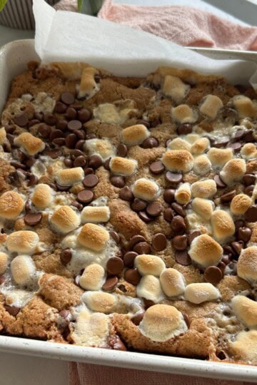 Smores bars with chocolate and marshmallow.