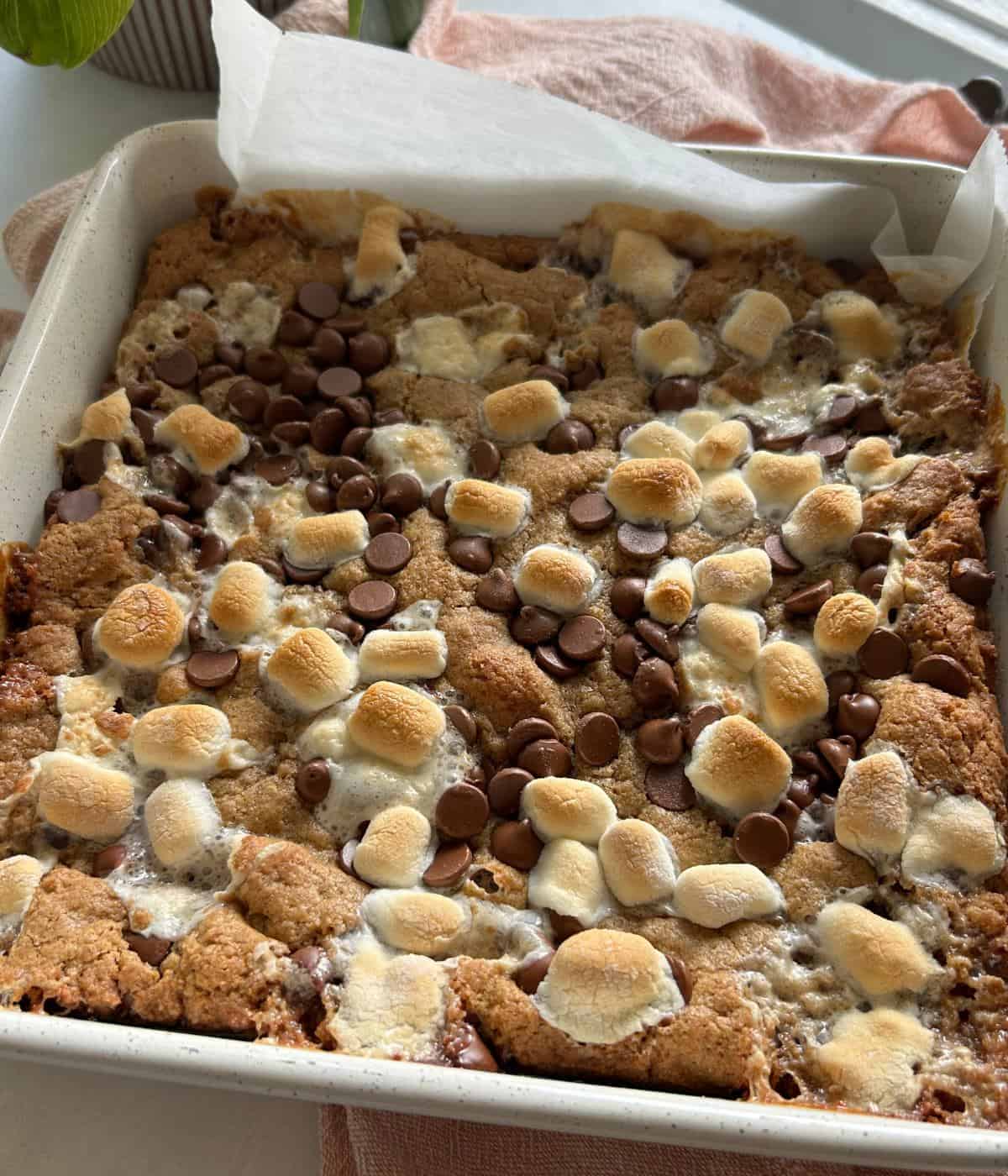 Smores bars with chocolate and marshmallow.