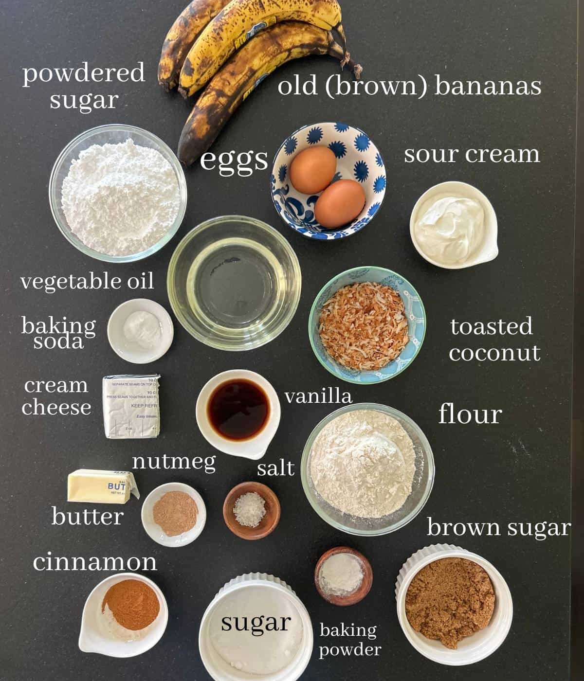 Ingredients for banana cake and cream cheese frosting.