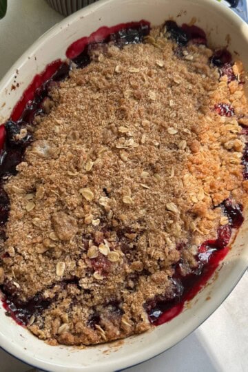 Cherry Crumble in dish.