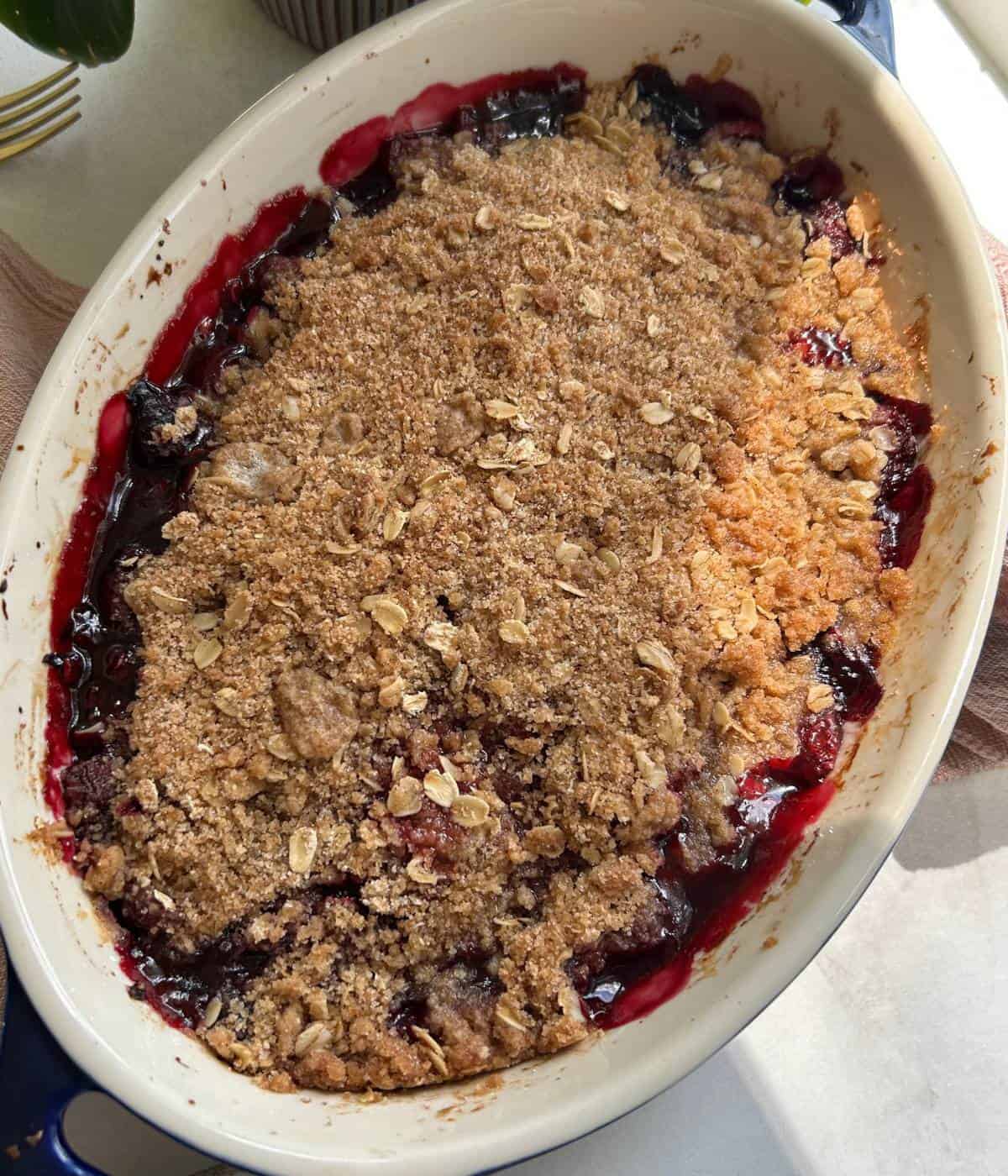 Cherry Crumble in dish.