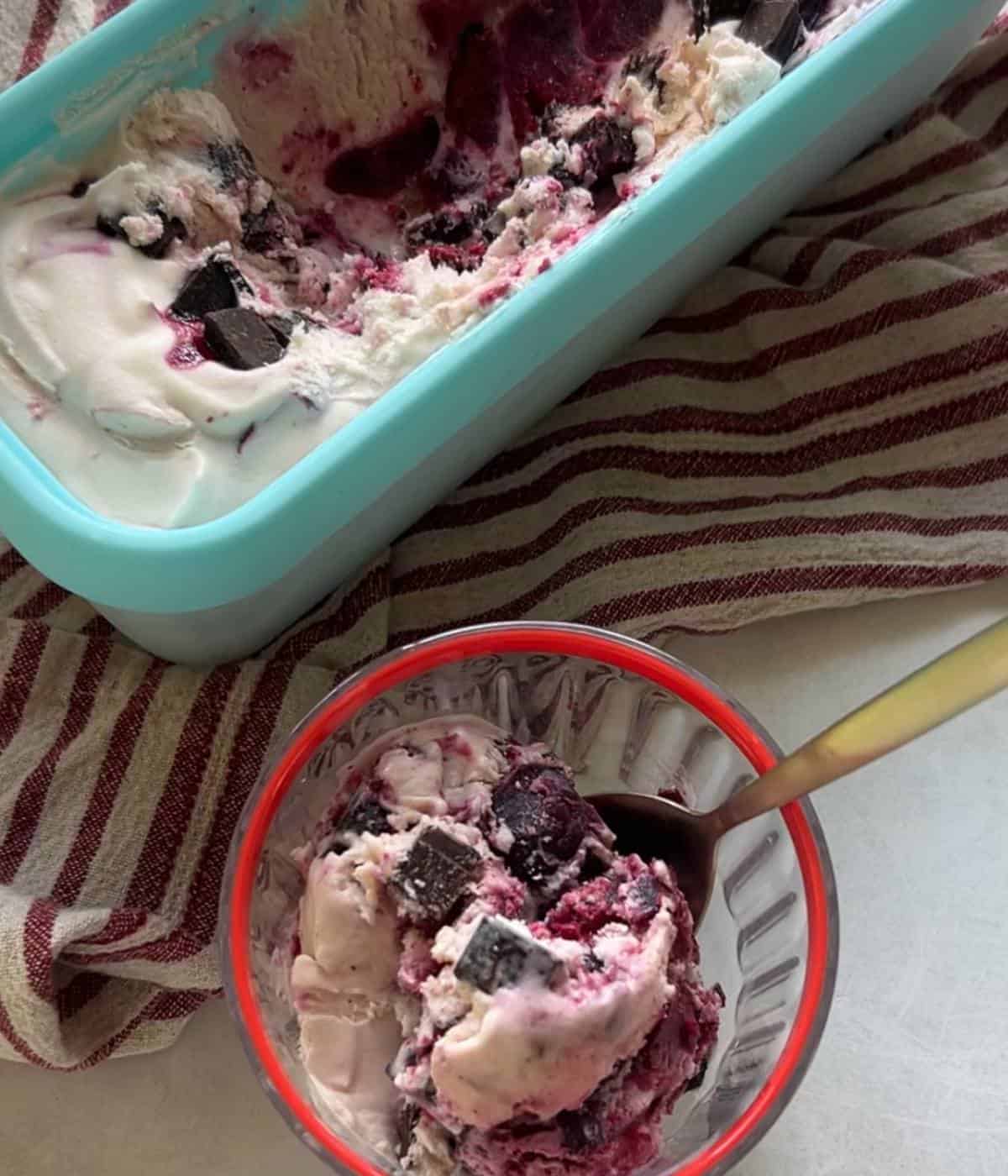 Vanilla ice cream with fresh cherries.