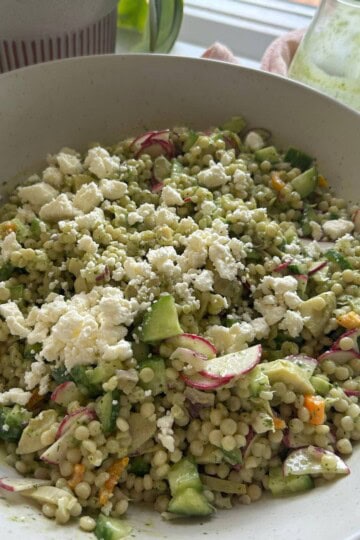 Pearl Couscous Salad ready to eat.