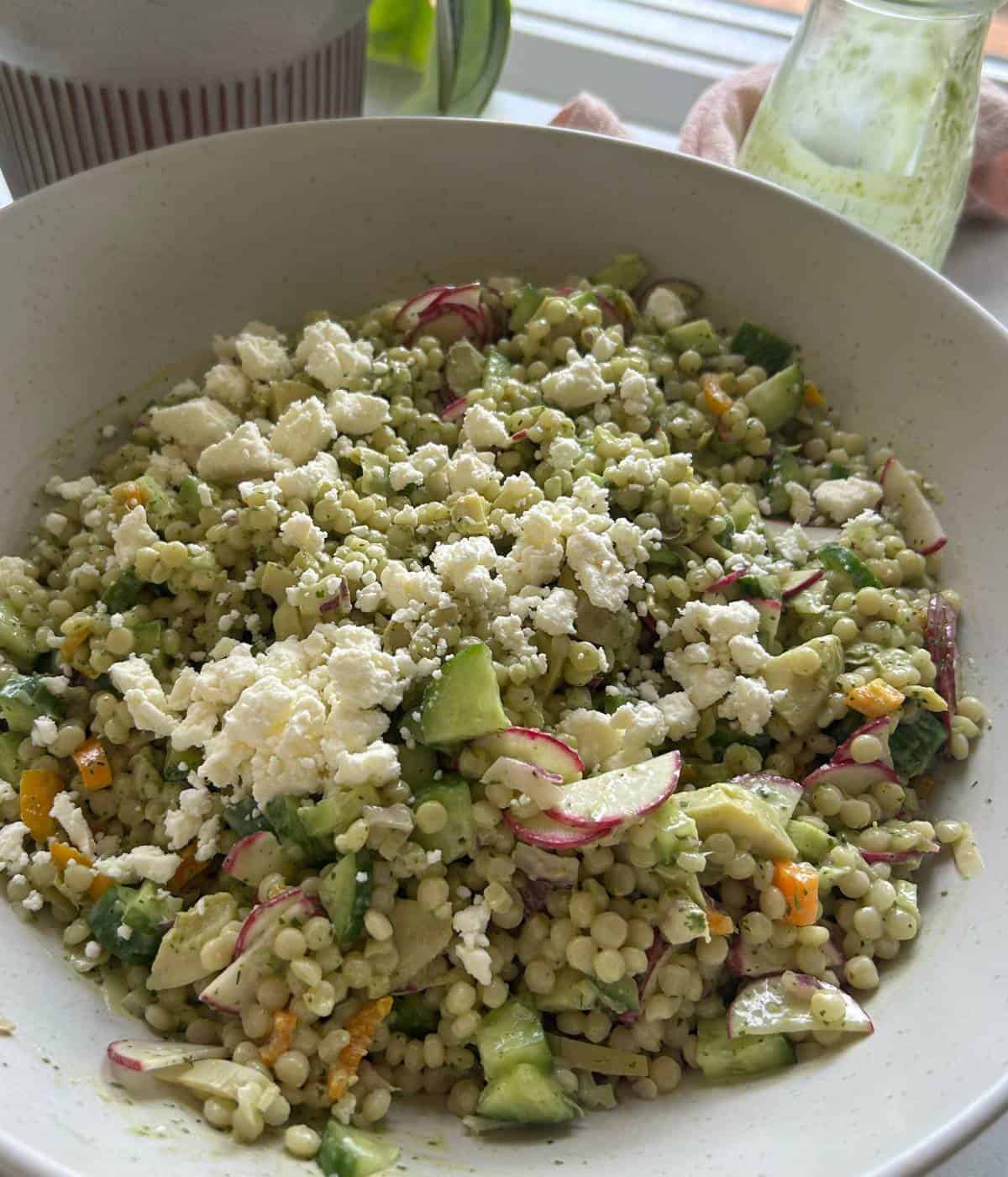 Pearl Couscous Salad ready to eat.