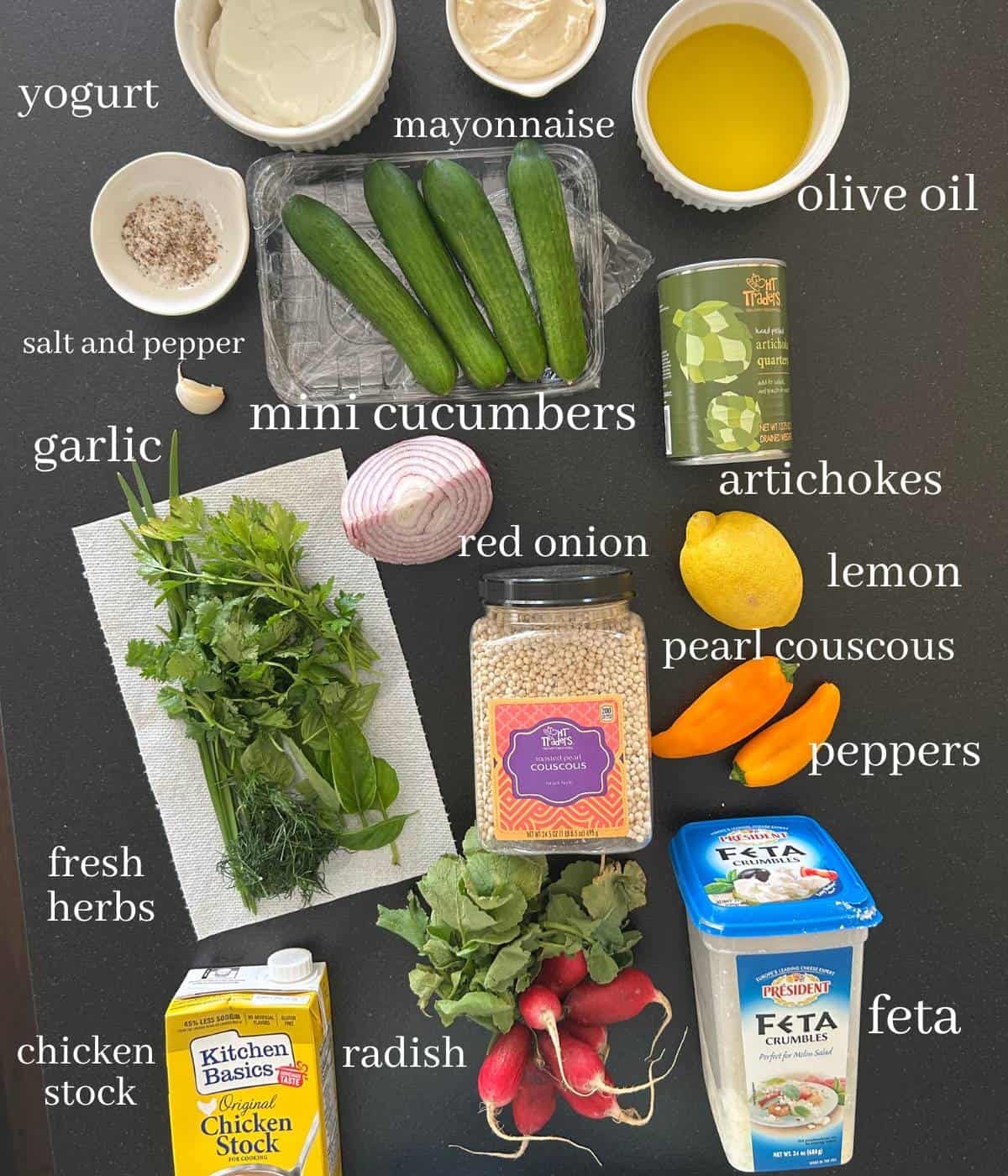 Ingredients for pearl couscous salad.