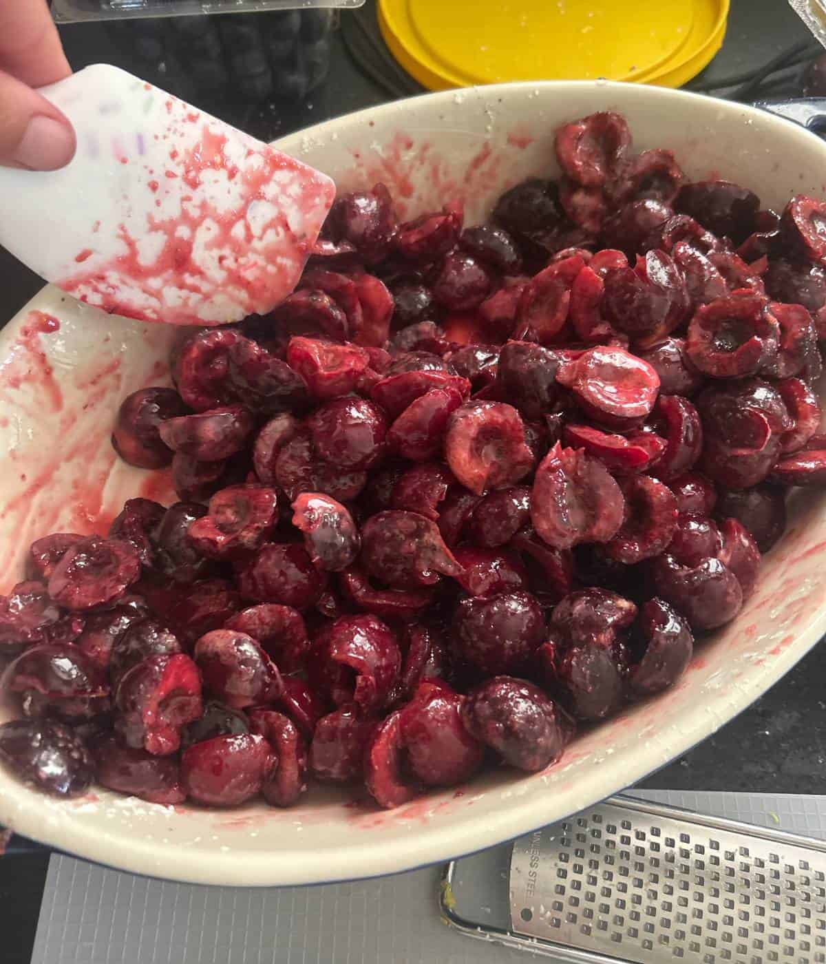 Cherry filling in dish.