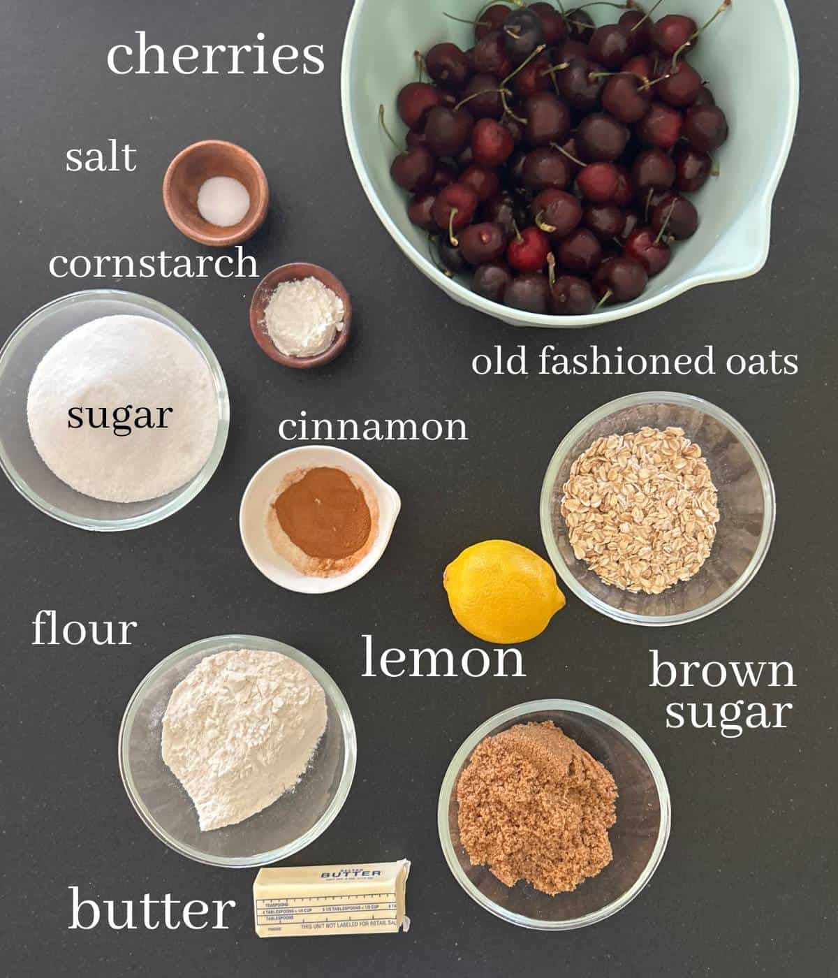 Ingredients for cherry crumble.