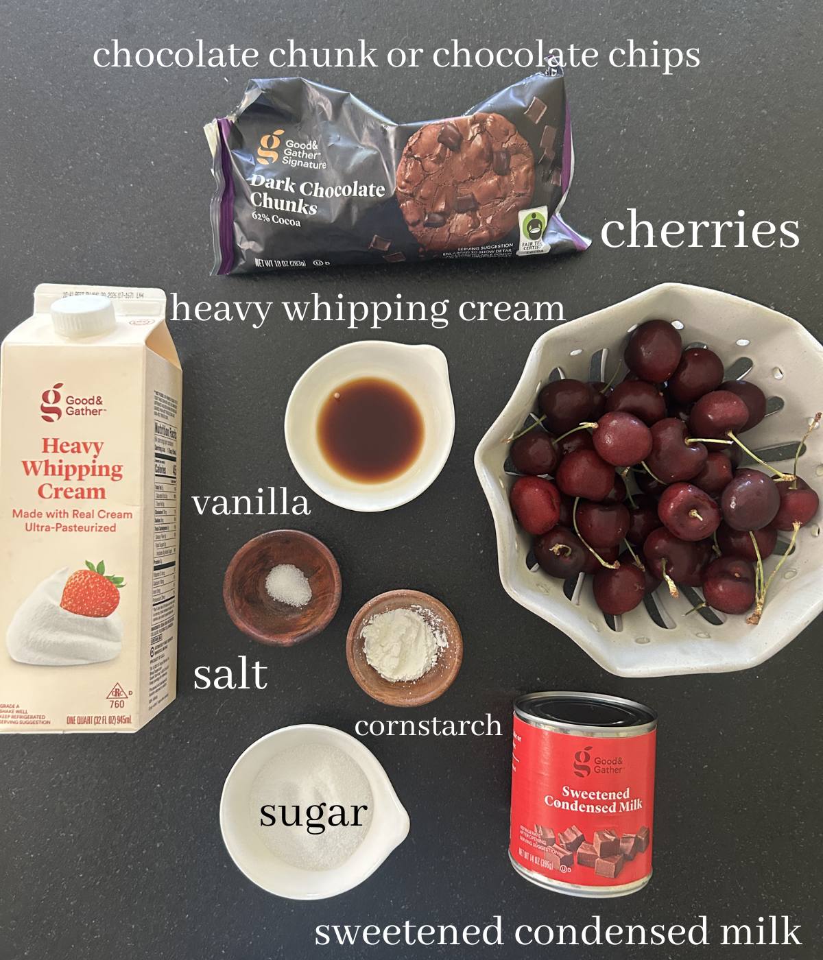 Cherry vanilla ice cream ingredients.