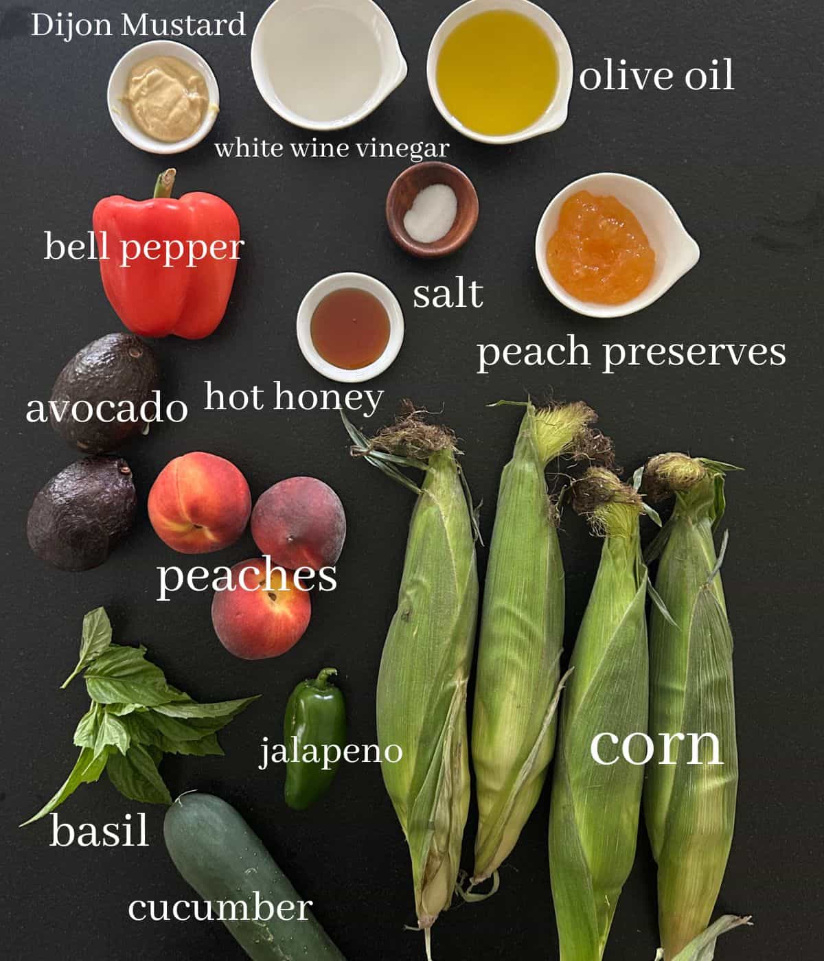 Peach and corn salad ingredients.