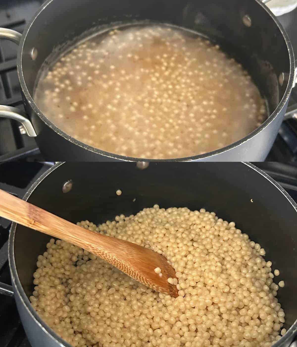 Cooking pearl couscous in pot.
