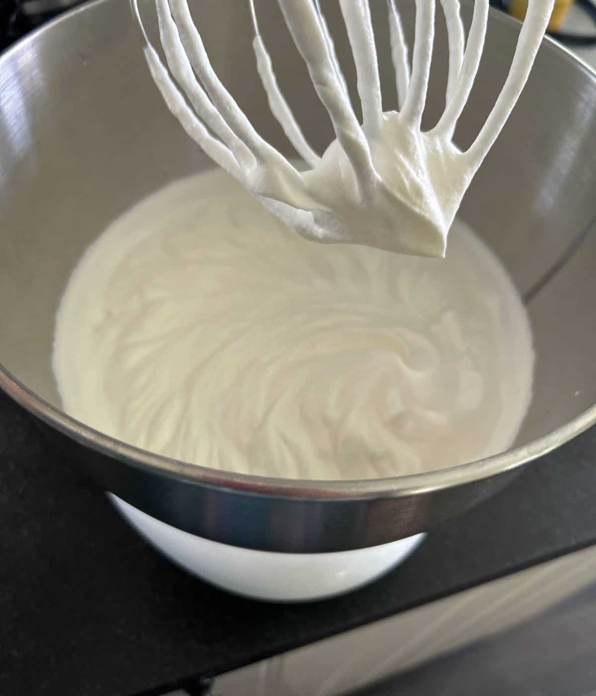 Stiff peaks in stand mixer.