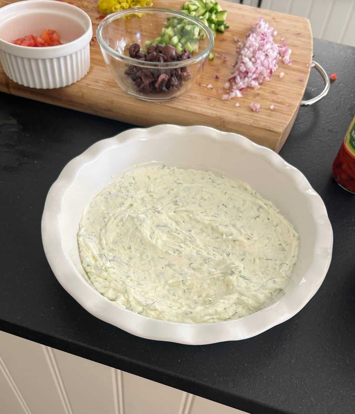 Tzatziki Sauce in pie plate.