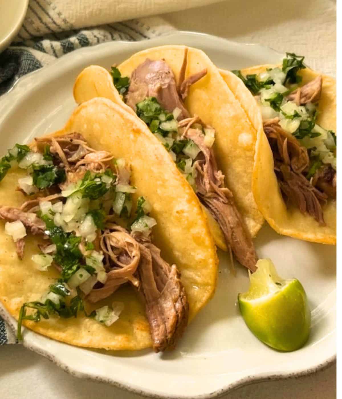 Pork Carnitas tacos with cilantro and onion.