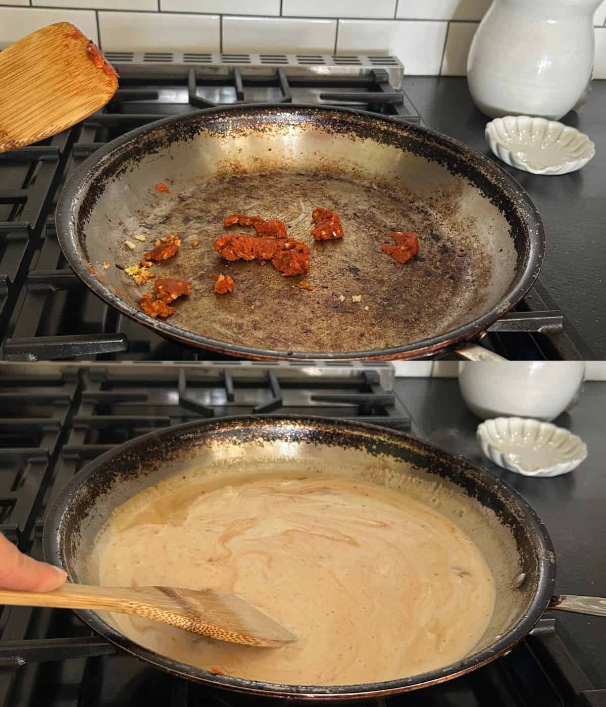 Cooking bone broth in pan.