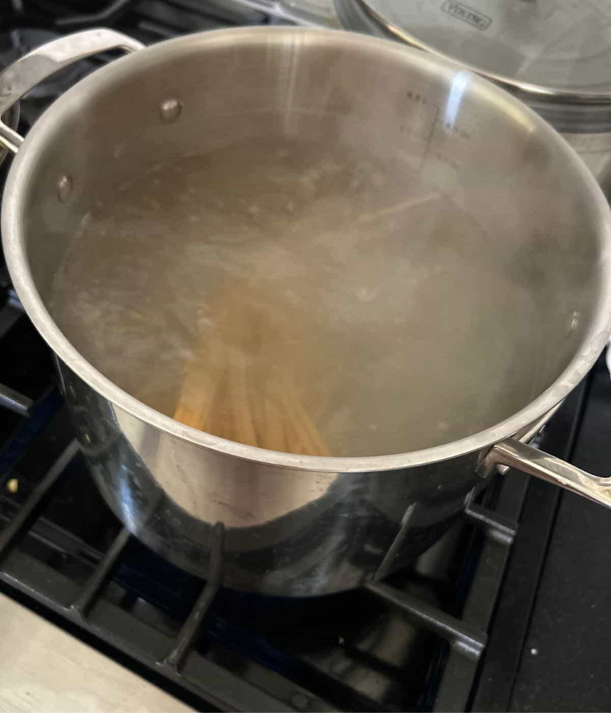 Pasta in boiling water.