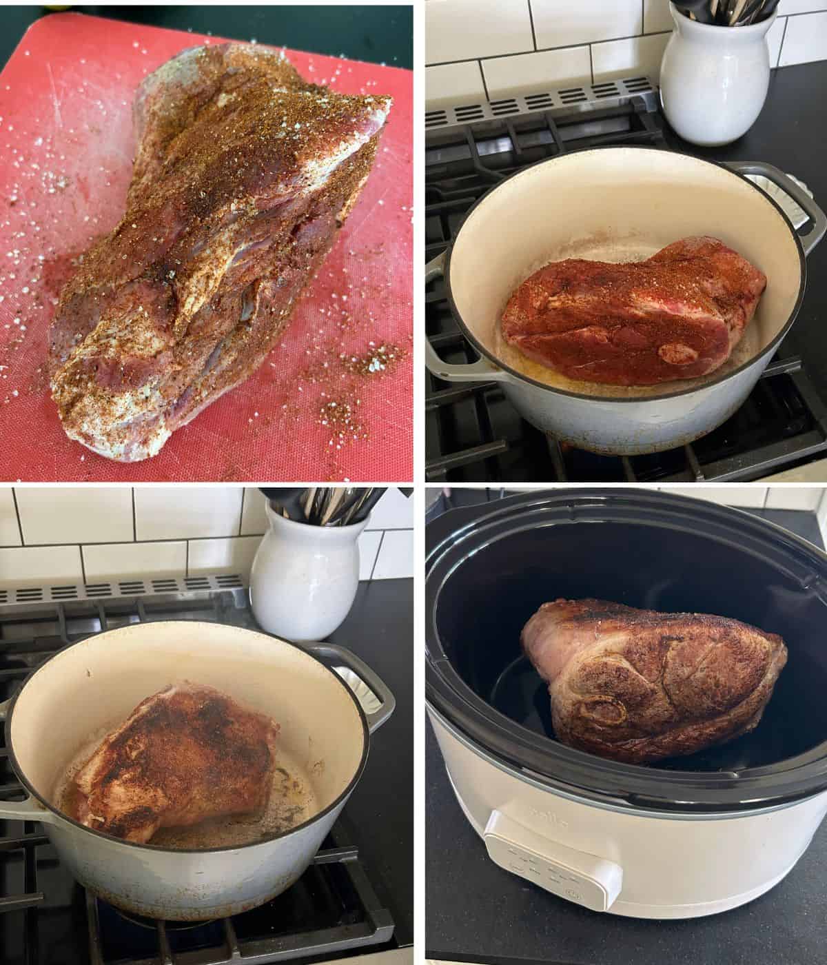 Seasoning and searing pork shoulder.
