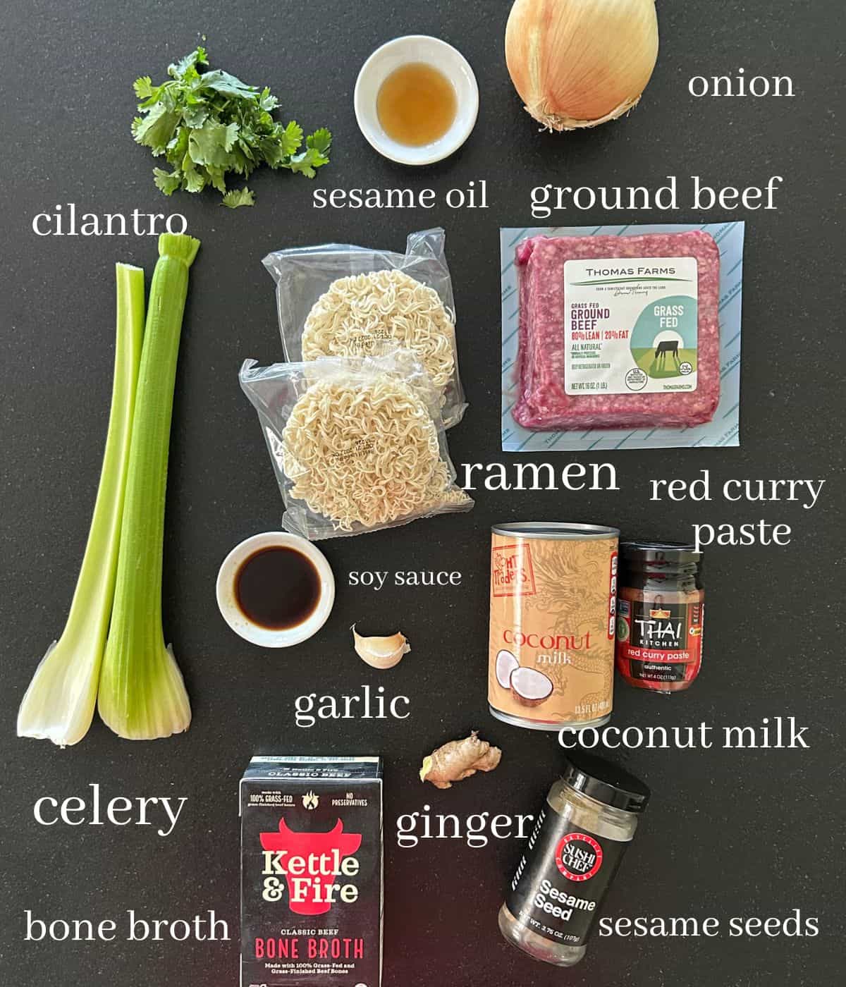 Ingredients for beef bone broth soup bowls.