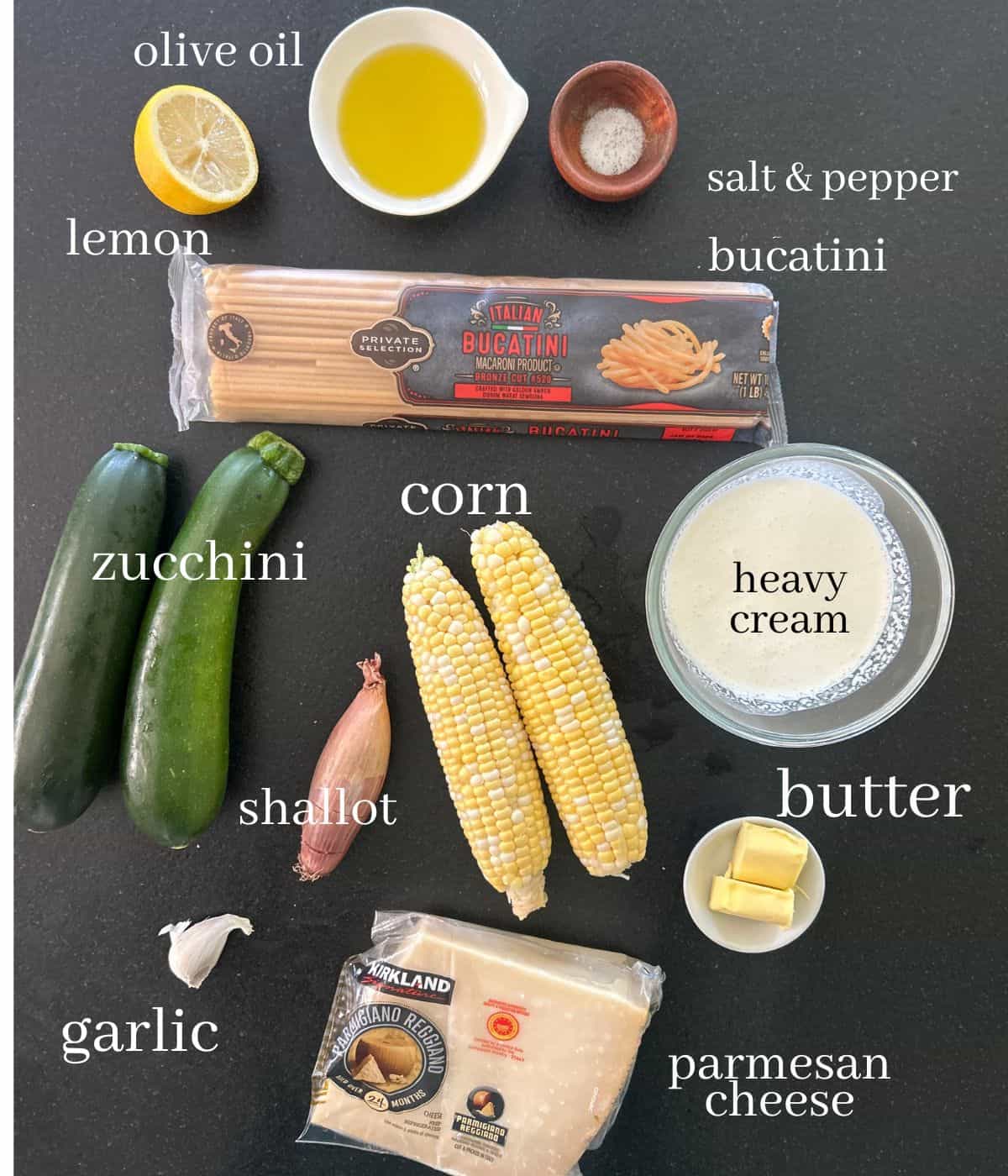 Ingredients for fresh zucchini and corn pasta.